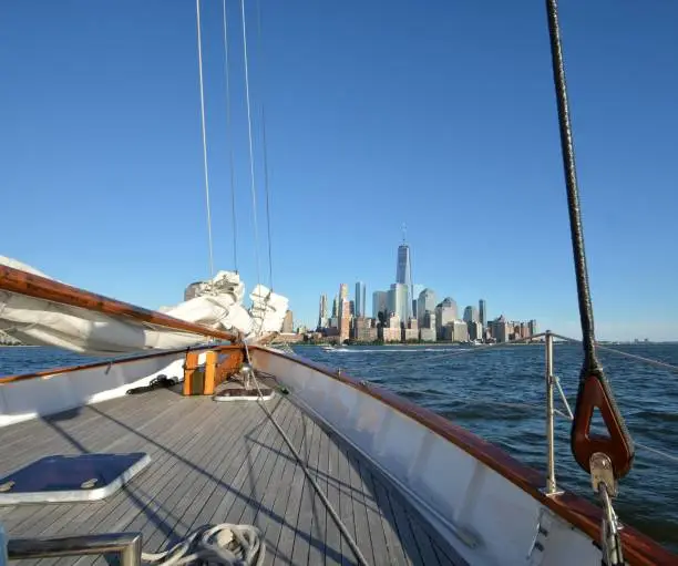 Aboard a sailboat on the Hudson River.  Lower Manhattan is ahead.