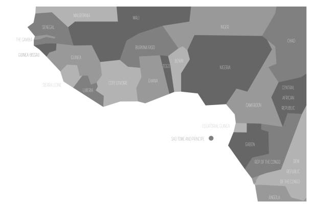 ilustrações de stock, clip art, desenhos animados e ícones de countries of guinea gulf - western africa. simplified and schematic political map. vector illustration in shades of grey - equatorial guinea