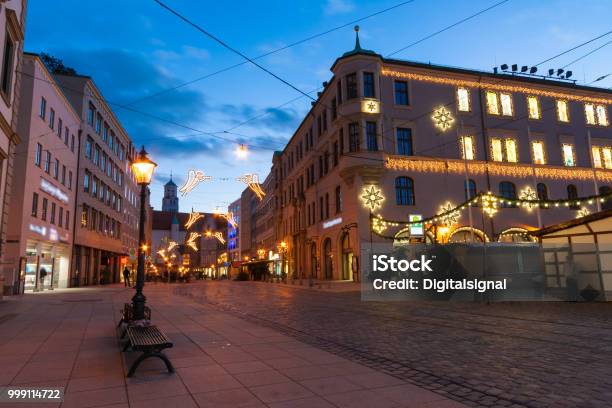 Karolinenstrasse In Augsburg Germany During The Blue Hour In Winter Stock Photo - Download Image Now