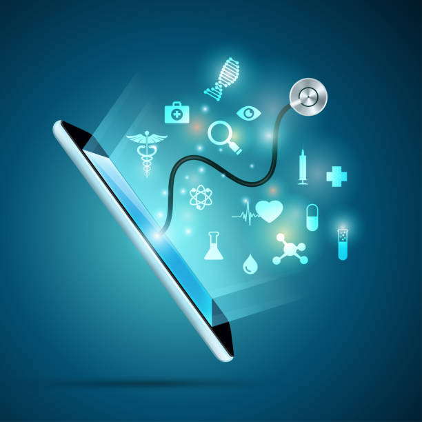eHealth concept of electronic health or e-health, graphic of realistic smart device with stethoscope reaching out from the screen health technology stock illustrations