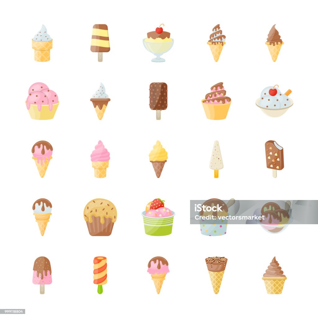 Ice Cream Flat Vector Icons Set This ice cream flat style set contains icons representing every type of ice cream we can think of. Included are a variety of ice cream cones, ice popsicles, sundae, and bowls of ice cream. Ice Cream Cone stock vector