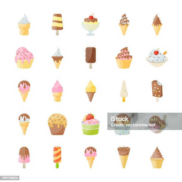 Ice Cream Flat Vector Icons Set Stock Illustration - Download Image Now - Ice Cream Cone, Ice Cream Sundae, Soft Serve Ice Cream