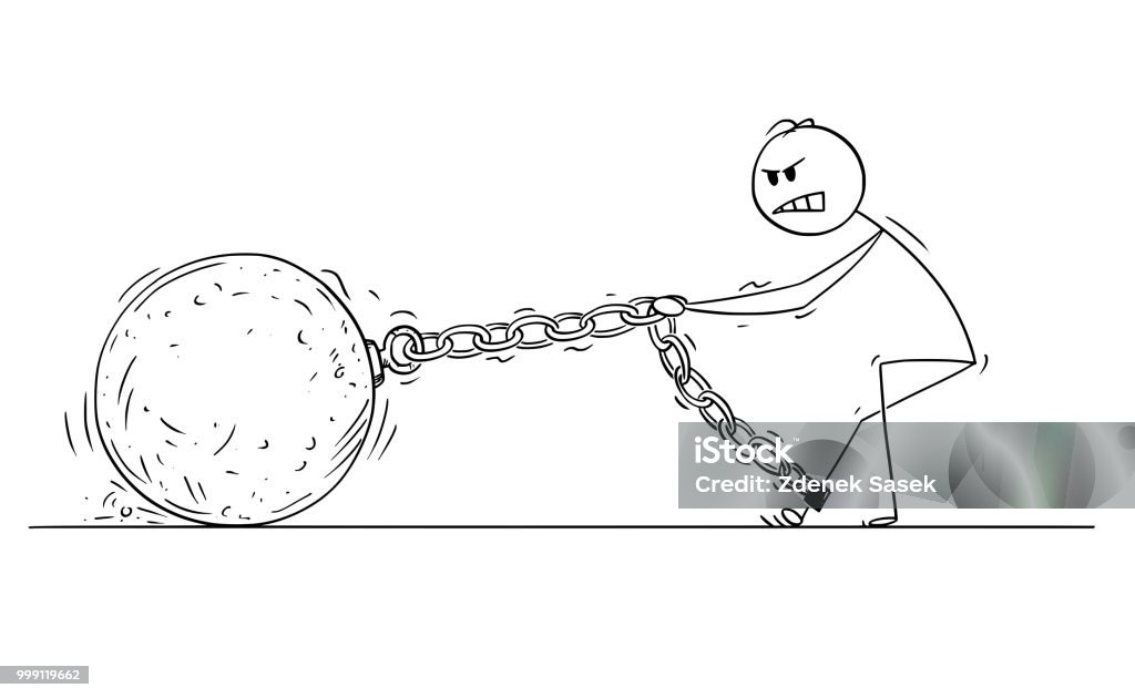 Cartoon of Man or Businessman Pulling Big Iron Ball Chained to His Leg Cartoon stick drawing conceptual illustration of man or businessman pulling hard big Iron ball chained to his leg. There is space for your text on the ball. Physical Pressure stock vector