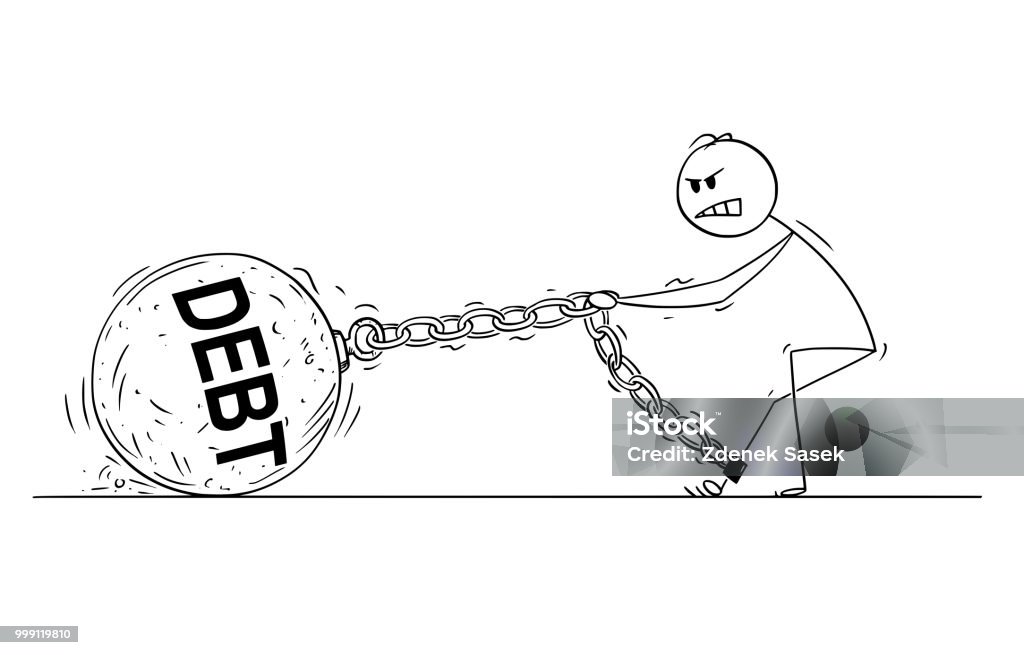 Cartoon of Man or Businessman Pulling Big Iron Ball With Dept Text Chained to His Leg Cartoon stick drawing conceptual illustration of man or businessman pulling hard big Iron ball chained to his leg. Business concept of dept and financial problem. Bankruptcy stock vector