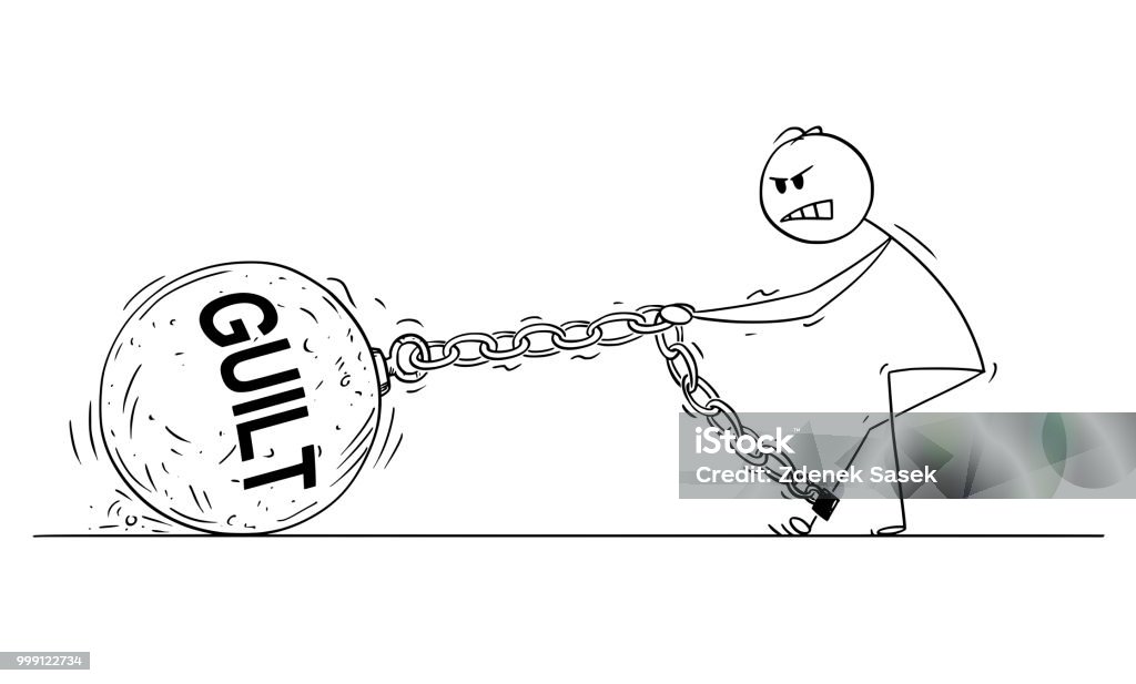 Cartoon of Man or Businessman Pulling Big Iron Ball With Guilty Text Chained to His Leg Cartoon stick drawing conceptual illustration of man or businessman pulling hard big Iron ball chained to his leg. Business concept of guilt that lie heavy on guilty person . Contemplation stock vector