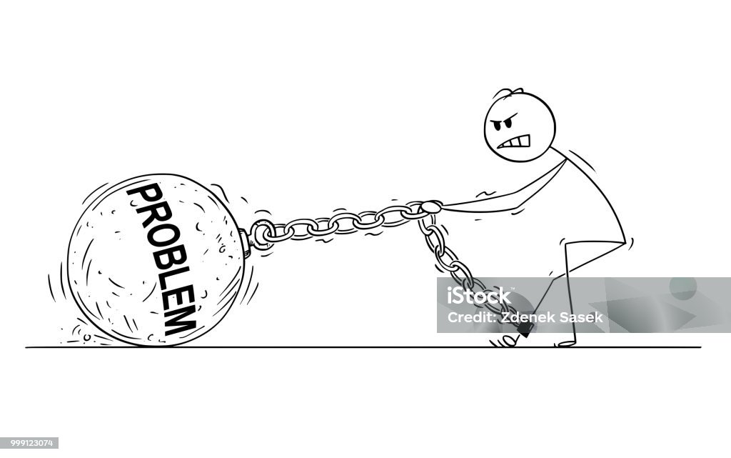 Cartoon of Man or Businessman Pulling Big Iron Ball With Problem Text Chained to His Leg Cartoon stick drawing conceptual illustration of man or businessman pulling hard big Iron ball chained to his leg. Business concept of problem that lie heavy on affected person . Adult stock vector