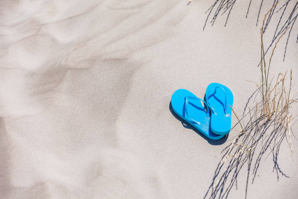 istock Summer, beach or holiday backgrounds: blue flip flops on white sand dune 999123466