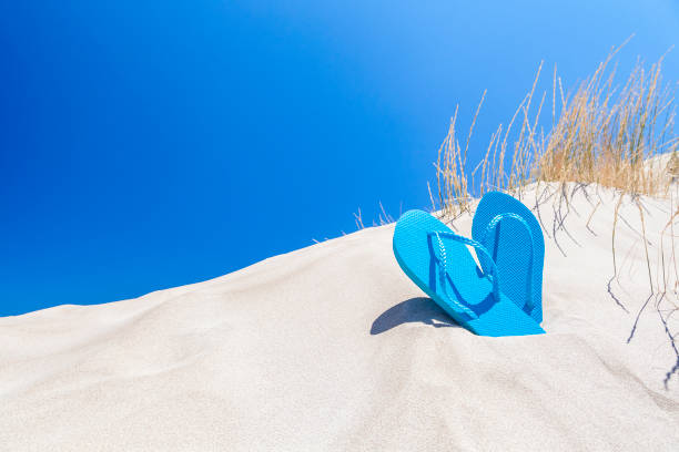 istock Summer, beach or holiday backgrounds: blue flip flops on white sand dune 999124748