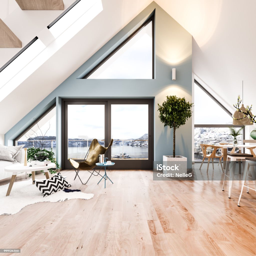 Scandinavian loft interior Scandinavian loft interior. Render image. Living Room Stock Photo