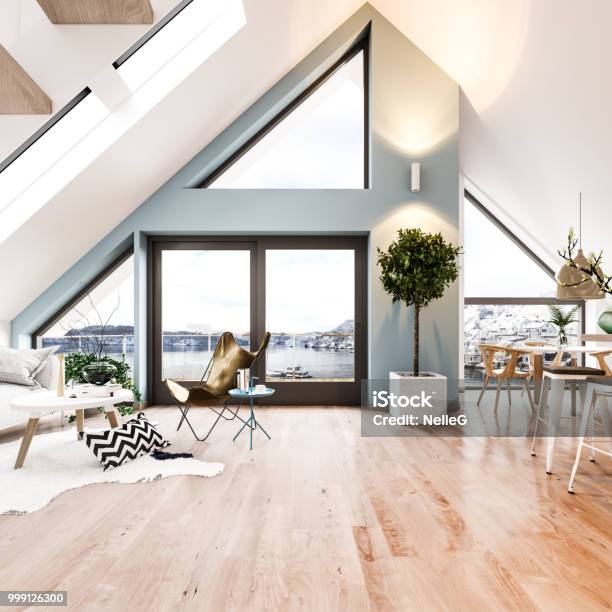 Scandinavian Loft Interior Stock Photo - Download Image Now - Living Room, Modern, Winter