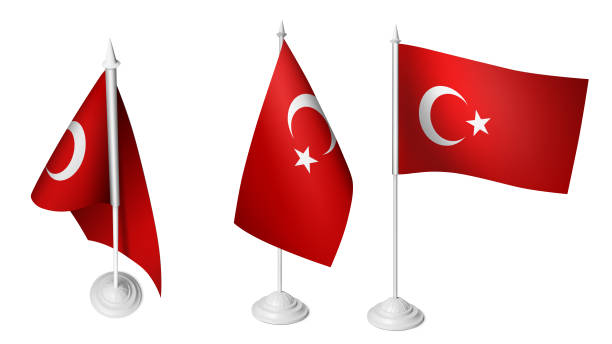 Isolated 3 Small Desk Turkey Flag waving 3d Realistic Turkish Desk Flag