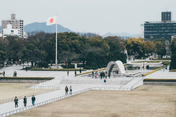 Fountain of Peace in Nagasaki Peace Park in sunny day. A historical park commemorating the atomic bombing of the city on August 9, 1947 during World War II. Nagasaki Prefecture, Japan