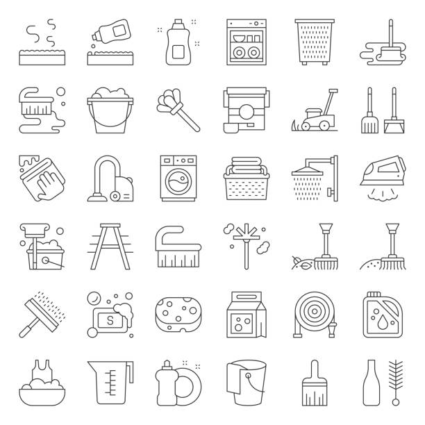 reinigung und wäscherei-service und ausstattung zu skizzieren-icon-set - laundry detergent cleaning product concepts measuring cup stock-grafiken, -clipart, -cartoons und -symbole