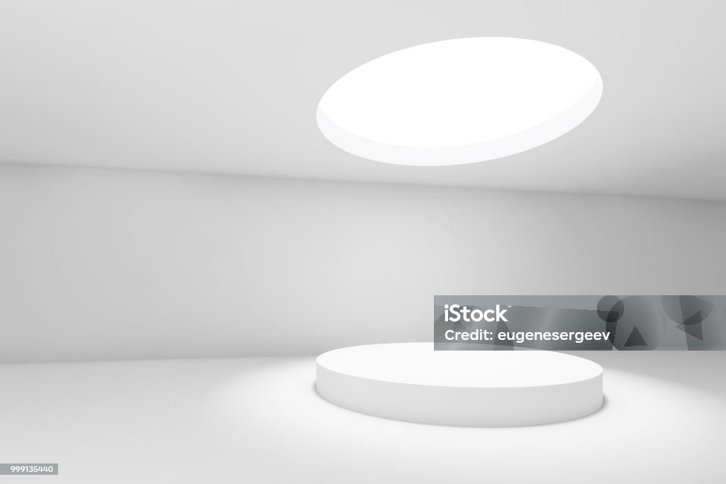 Blank 3d showroom with round ceiling light Abstract white minimal interior background, showroom with round ceiling light and table. 3d render illustration White Color Stock Photo