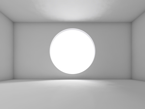 Abstract white interior, empty room with round window, front view. Background, 3d illustration