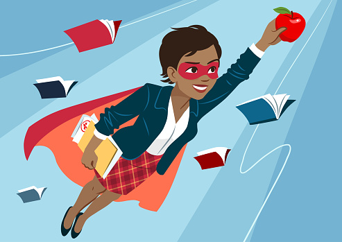 Young black woman in cape and mask flying through air in superhero pose, looking confident and happy, holding an apple and folder with papers, open books around. Teacher, student, education learning concept