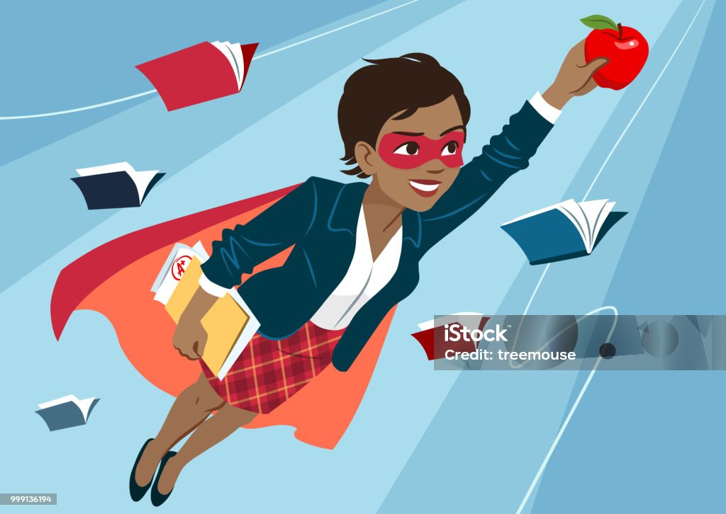 Young Black Woman In Cape And Mask Flying Through Air In Superhero Pose  Looking Confident And Happy Holding An Apple And Folder With Papers Open  Books Around Teacher Student Education Learning Concept