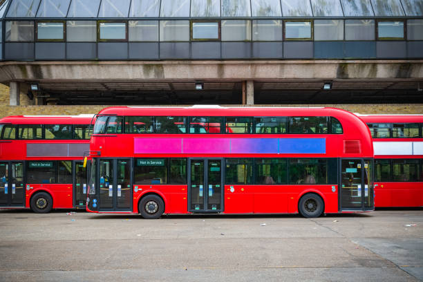 Double-decker buses at garage around Hackney in East London