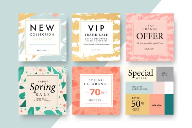 Vector illustration of Modern promotion square web banner for social media mobile apps. Elegant sale and discount promo backgrounds with abstract pattern. Email ad newsletter layouts.