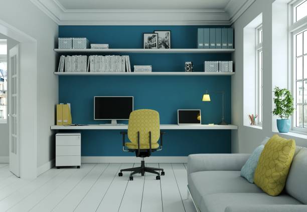 istock Modern home office with yellow chair and blue wall interior design 3d Rendering 999151642