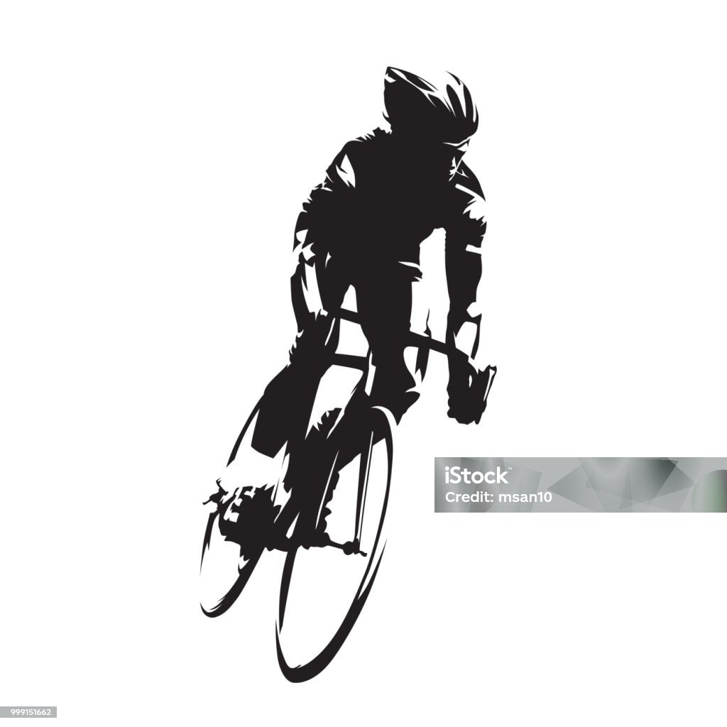 Cyclisme, coureur cycliste sur son vélo, isolé silhouette vecteur. Encre de dessin, vue de face - clipart vectoriel de Faire du vélo libre de droits