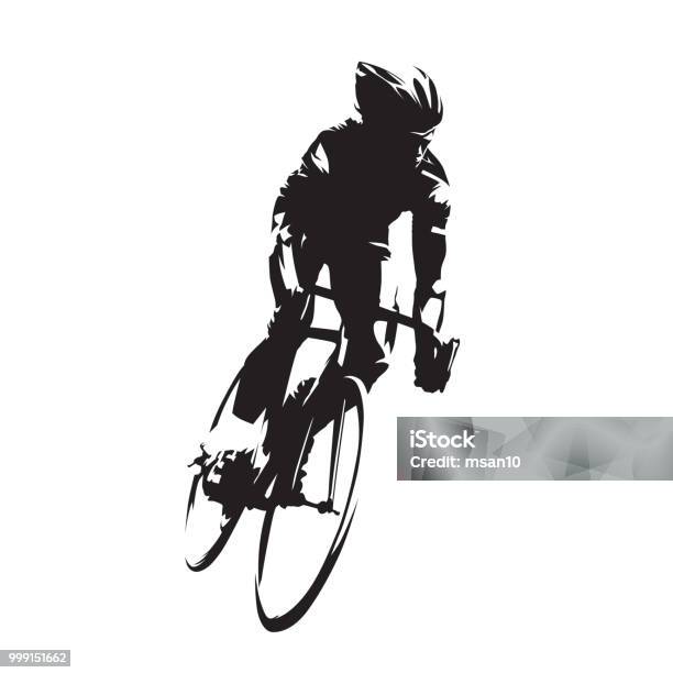 Cyclisme Coureur Cycliste Sur Son Vélo Isolé Silhouette Vecteur Encre De Dessin Vue De Face Vecteurs libres de droits et plus d'images vectorielles de Faire du vélo