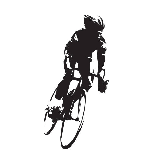 자전거도 사이클, 그의 자전거에 벡터 실루엣 고립. 잉크 그리기, 전면 보기 - triathlon cycling bicycle competition stock illustrations