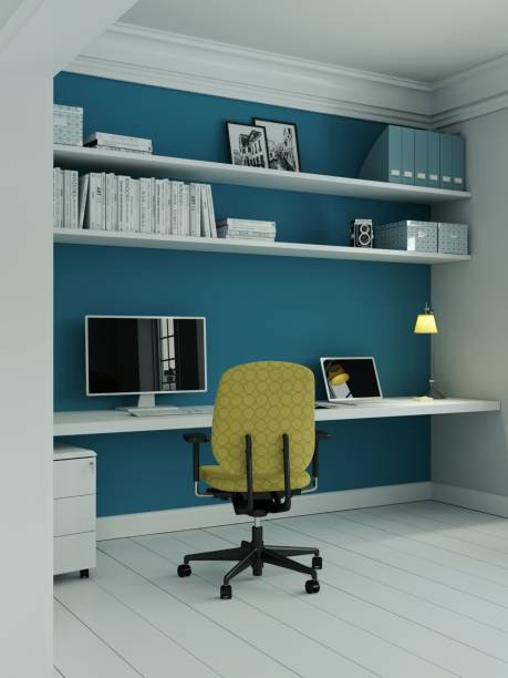 istock Modern home office with yellow chair and blue wall interior design 3d Rendering 999151762