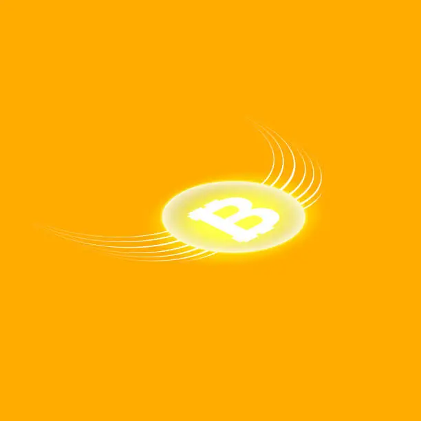 Vector illustration of Bitcoin Cripto currency blockchain. Bitcoin flat logo on orange background. Bitcoin with wings. isometric