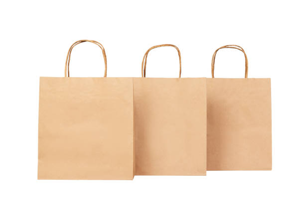 白い背景に分離された 3 つ紙袋 - paper bag bag brown handle ストックフォトと画像