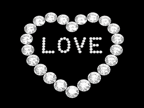 Heart of diamonds with word love, 3D rendering on black