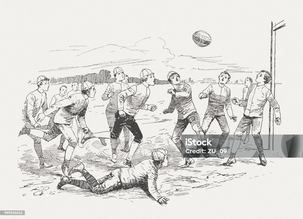 Rugby-Match, from "Tom Brown's School Days" (1857), published around 1895 A Rugby-Match - an later illustration free after Thomas Hughes' novel "Tom Brown's School Days" (1857). Wood engraving, published around 1895. Rugby - Sport stock illustration