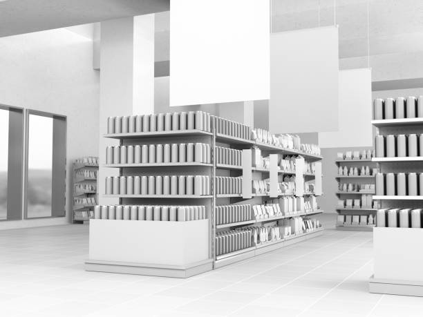 Set Of Shelves Full Of Products Supermarket Shef Full Of Products With Shelf Stopper grocery shelf cans stock pictures, royalty-free photos & images