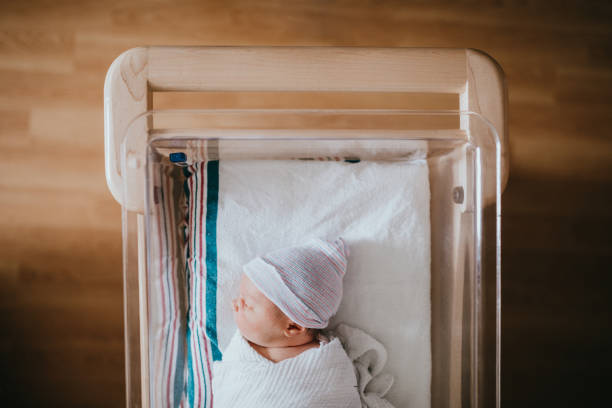 Newborn Baby Sleeping In Hospital Bassinet A baby just born at the hospital rests in a hospital bassinet crib, wrapped in a swaddle and wearing a beanie hat. childbirth photos stock pictures, royalty-free photos & images