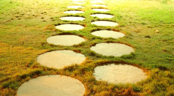 Long exposure shot of a pathway made of stone in the grass at night.