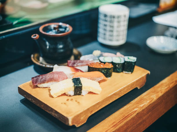 A close up of a sushi plate in a Japanese restaurant in Tokyo.