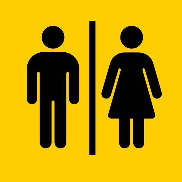 Bathroom Sign Icon Bathroom Sign Icon. The main icon is placed on a flat blue background. It takes up the center portion of the composition and is the main focus of this vector illustration. The icon is simple and the background further emphasizes the icon shape and makes it stand out. The illustration is a 100% royalty free vector.. The icon is black and is placed on yellow background. The composition is simple and elegant. The vector icon is the most prominent part if this illustration. The yellow and black contrast is a good representation for alert, warning and notice signs. The colors are flat and the image is 100% royalty free vector. mens room stock illustrations