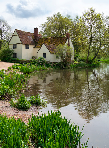On a spring day, the mill pond and Willy Lott's Cottage at Flatford Mill in Suffolk, eastern England. Flatford Mill was the scene of many works by the famous English painter John Constable. The area around the Mill is open to the public for walking and leisure.