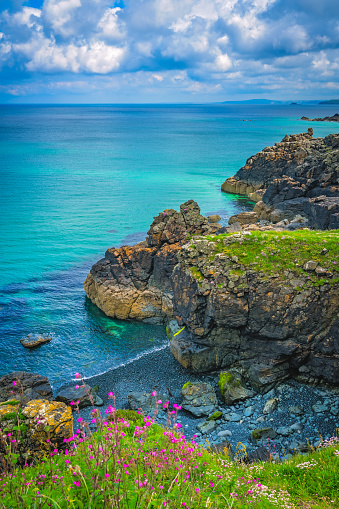 High inaccessible coastal cliffs made of shell rock near the village of Tyulenovo, southern Bulgaria