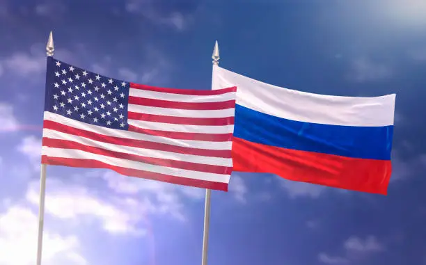 Flag of United States of America and the Russian Federation Russia waving together