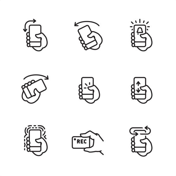 Mobile interaction - Pixel Perfect outline icons Mobile interaction related outline vector icon set.

9 Outline style black and white icons / Set #20

CONTENT BY ROWS

First row of outline icons contains: 
Turn Portrait to Landscape Screen Orientation, Turn phone Left, Phone alarm icon.

Second row contains: 
Turn phone Right, Tap on screen icon, Swipe up and down on screen.

Third row contains: 
Vibrating alert, Recording video by the phone, Turn phone to other side.


Pixel Perfect Principle - all the icons are designed in 64x64 px grid, outline stroke 2 px.

Complete Outline 3x3 PRO collection - https://www.istockphoto.com/collaboration/boards/hyo8kGplAEWxASfzDWET0Q tapping stock illustrations