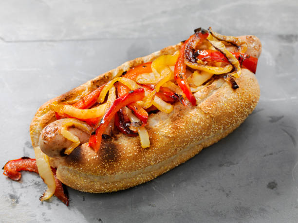 Pepper and Onions Bratwurst Dog Pepper and Onions Bratwurst Dog bratwurst stock pictures, royalty-free photos & images