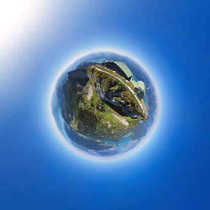 Little planet aerial panorama of Schafberg summit, Upper Austria
