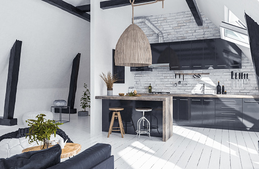 Modern open-plan apartment in attic, loft style, 3d render
