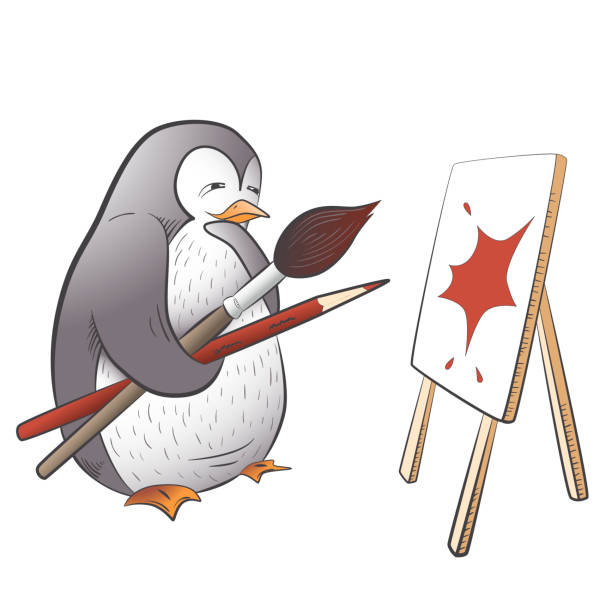 istock Cute cartoon penguin character looking at painting; penguin holding brush and pencil; vector illustration EPS10 999453592