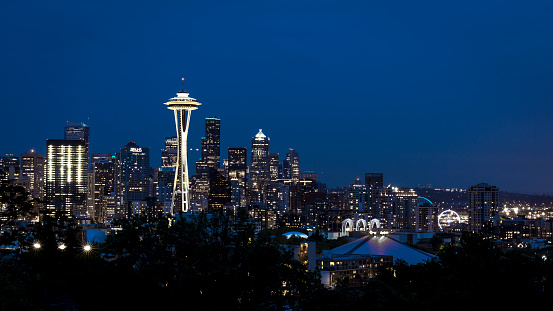 Skyline of downtown Seattle, Washington after sunset with Space Needle