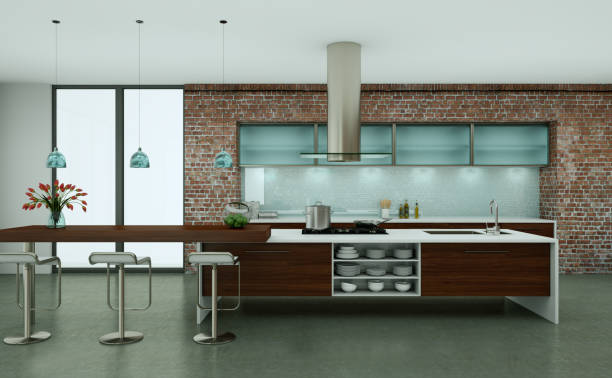 istock Wooden modern kitchen in a loft with stone wall 999486012