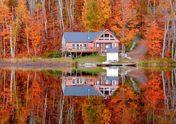 Cottage Reflecting on Lake in Autumn Cabin in Ontario with autumn colors in background cottage photos stock pictures, royalty-free photos & images