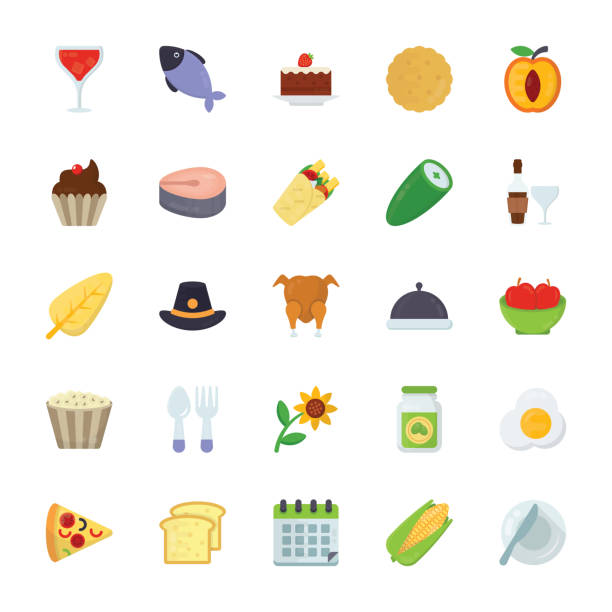 Food and Gifts Flat Icons Pack Great creativity and outstanding icons enriched this pack is bringing you food and gifts item designs. Here, each and everything related to cookery items and food ingredients is mentioned either it be natural, grilled, organic or artificial. From kids favorite to lavish cuisine and from drink parties to fruit items, each and everything is itemized here. sunflower vine stock illustrations