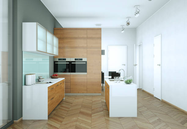 istock Wooden modern kitchen in a loft with grey wall 999504598